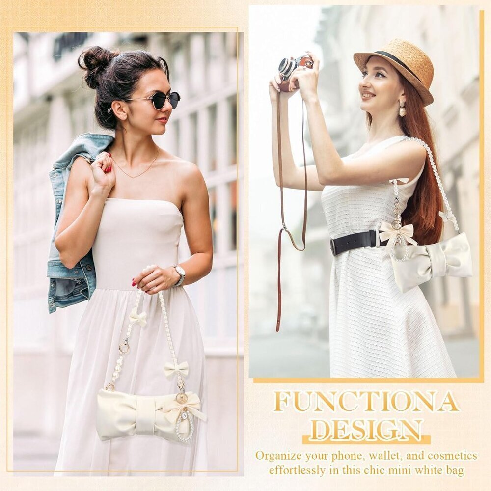 Pearl Bow Leather Crossbody Purse with Extenders for Women Elegant Gift - Picture 6 of 6